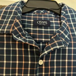 CHAPS Men's Navy and Peach Plaid Button-Up Shirt